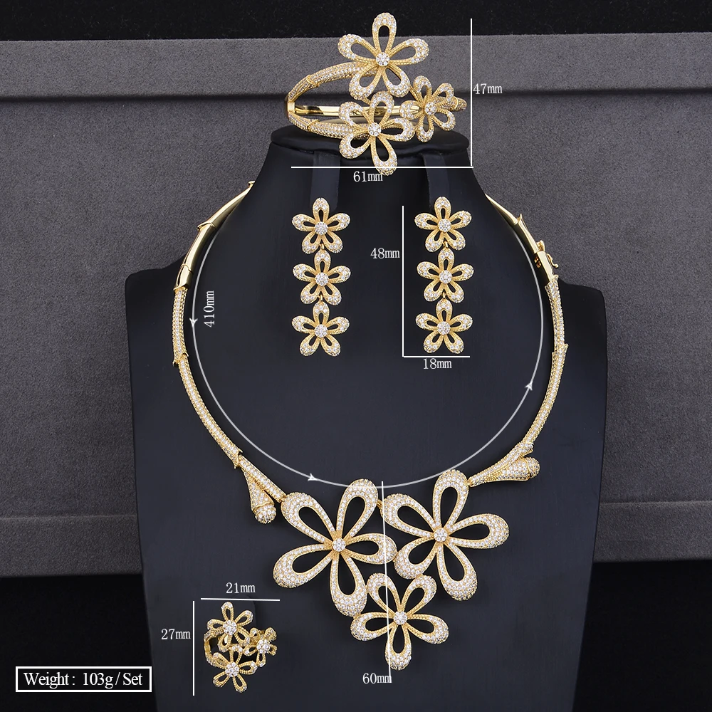 GODKI Luxury Leaf Flower 4PCS Cubic Zircon CZ Nigerian Jewelry sets For Women Dubai Bridal jewelry sets indian Gold Jewelry Sets