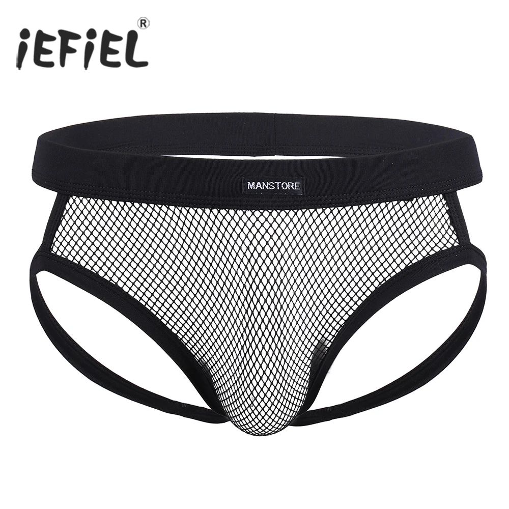 

iEFiEL Sexy Mens Underwear Mesh See-through Low Rise Jockstraps Open Butt Briefs Underwear Underpants Lingerie Panties for Male