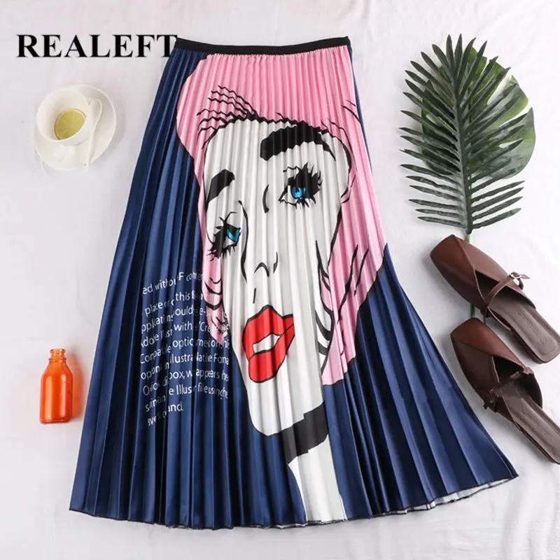 

REALEFT Women Fashion Spring Summer Printing Cartoon Pattern Skirt High Waist Elasticity Pleated High Street Pleated Women Skirt