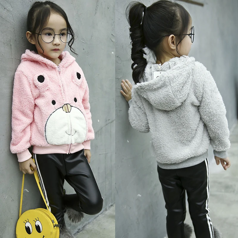 

Girls Bear Hooded Coat Zipper Long sleeved Cute Jacket With Velvet Sweater coat Thick coat Warm Winter Autumn lovely sweaters