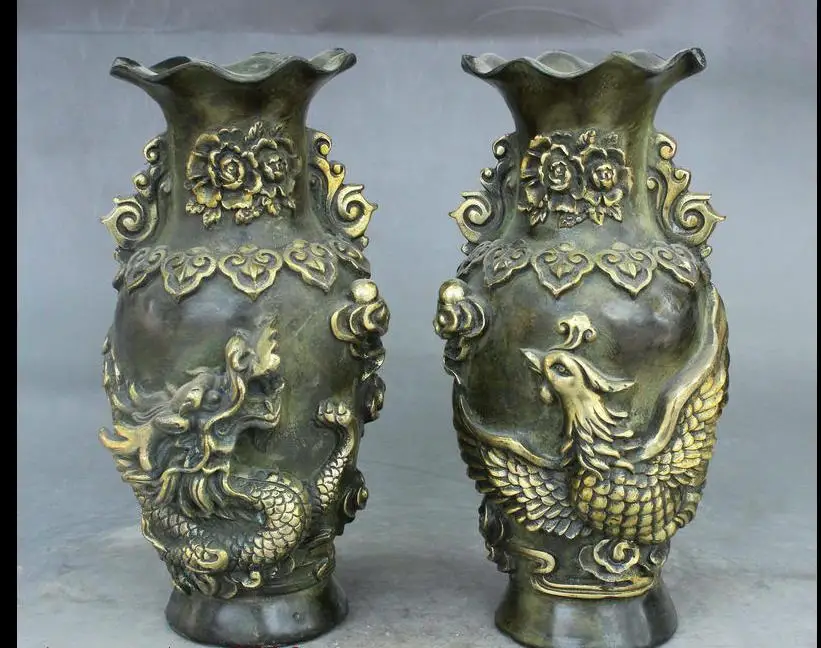 

671117009+++Chinese Palace Bronze Gilt Dragon Phoenix Wealth Statue Statue Bottle Vase Pair