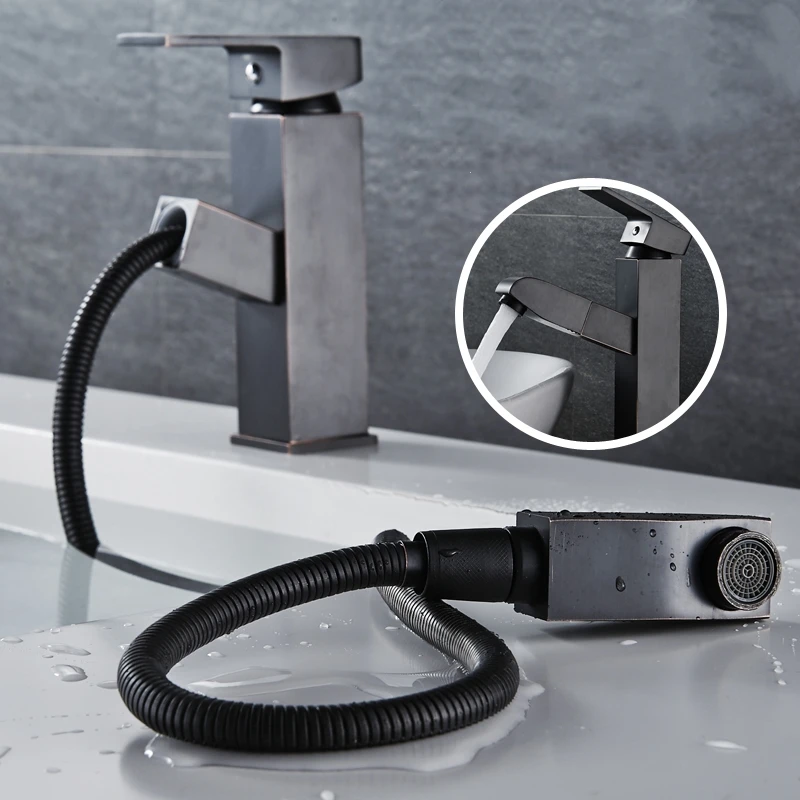  Basin Faucets Bathroom Sink Tap Single Handle Sink Faucet Pull Out Rotating Hot and Cold Water Brass Wash Basin Mixer Tap 