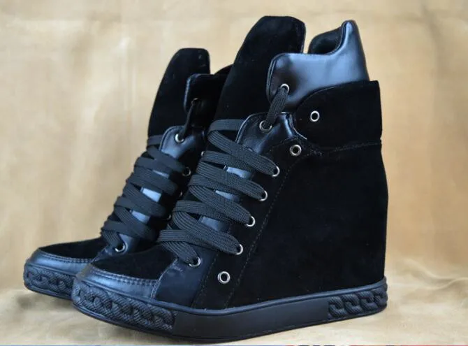 

European Brand Design Suede/Genuine Leather Women Mid-calf Boots Lace-up Height Increasing Heel Multi-colors Casual Shoes Women