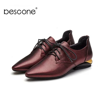 

BESCONE Classic Style Women Pumps High Quality Genuine Leather Pointed Toe Shoes Spring Casual Lace-up Low Heels Lady Pumps BO28