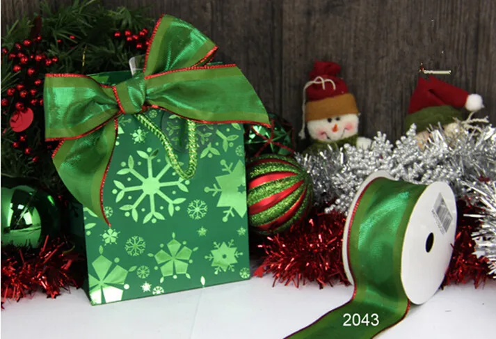

N2043 38MM Red edge green gift wrapping wired edge ribbon 25yards roll