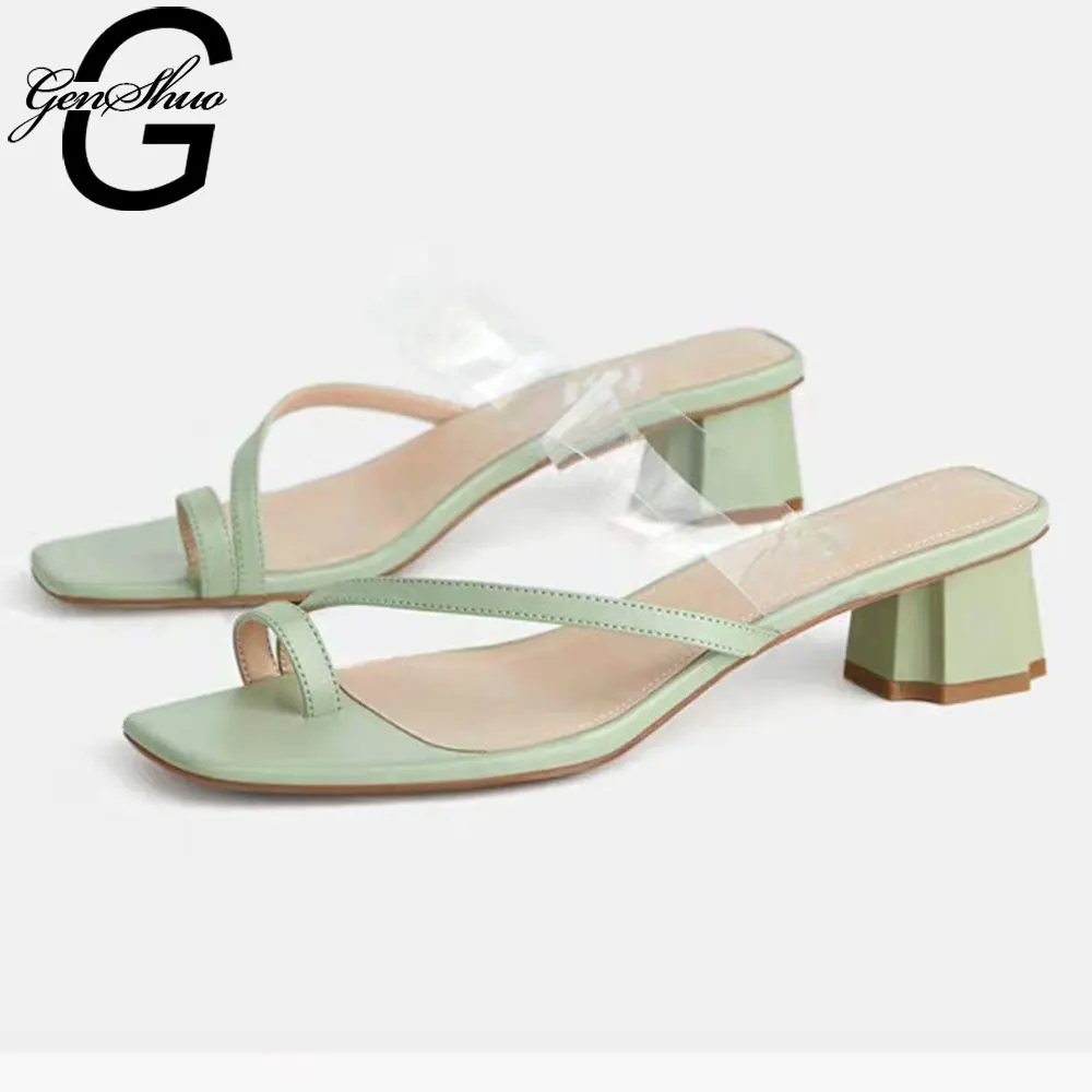 

GENSHUO Chunky Heels White Slide Slppers Casual Outdoors Flip Flops Fashion Summer Beach Shoes Simple Office adies Dress Shoes