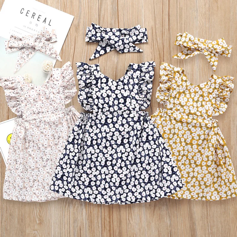 Toddler Baby Girls Vintage Ruffles Floral Dresses with Knot Headband Kids Summer Fly Sleeve Princess Dress Children Sundress (3)