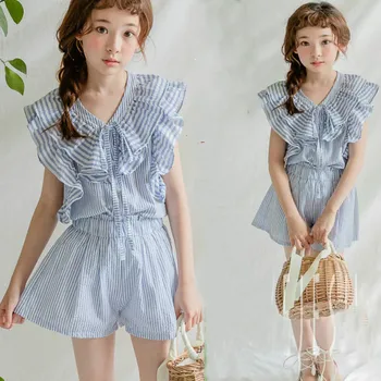 

New 2020 Girls Clothing Set 2020 Summer Kids Princess Set Ruffles Baby Striped Shirt + Short Pants Suit Preppy Style,#2874
