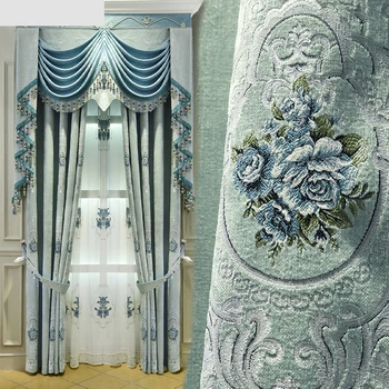 

Custom curtains High class luxury European green chenille luxury embroidery cloth blackout curtain tulle valance N304