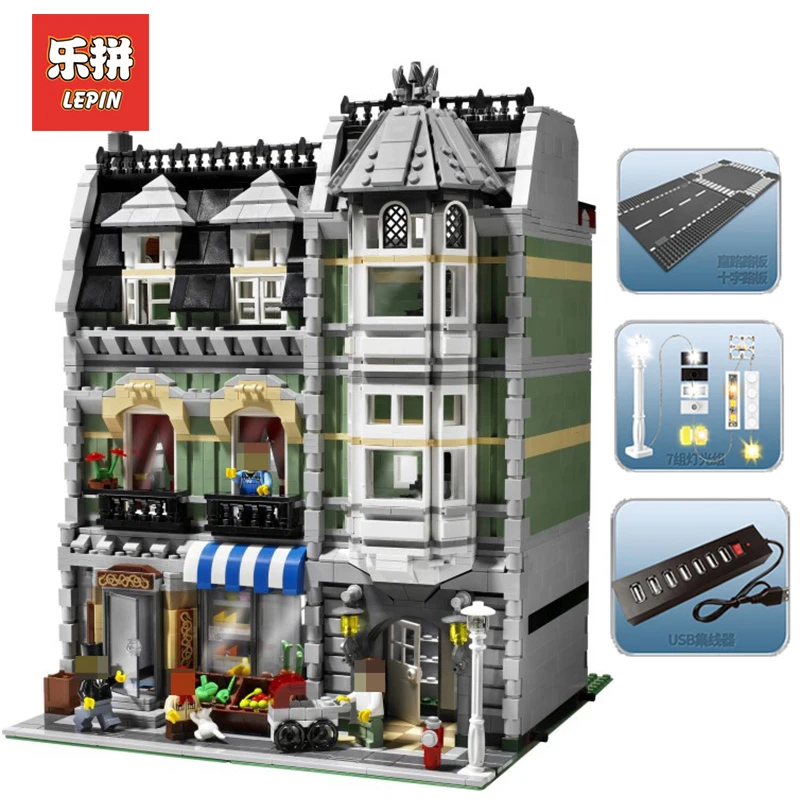 

LEPIN With light 15008B 2462Pcs Modular Creators Buildings Green Grocer Bricks Kits Assembled DIY gift Compatible Legoing 10185