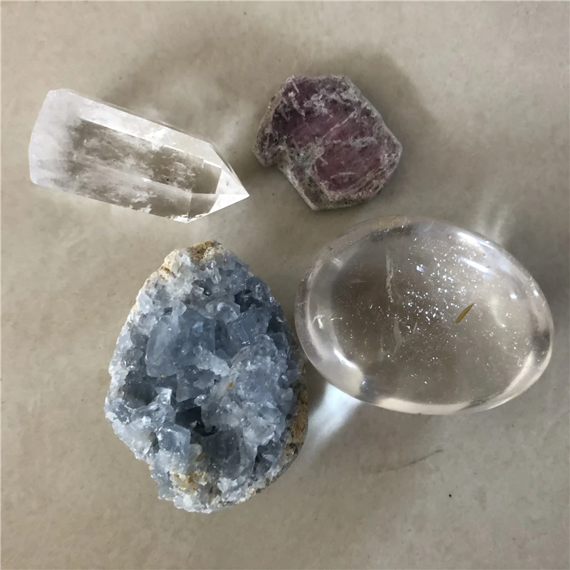 

1 natural clear quartz crystal point 1 celestine geode 1 crystal palm stone 1 Purple Red Corundum Crystal Rough Specimen