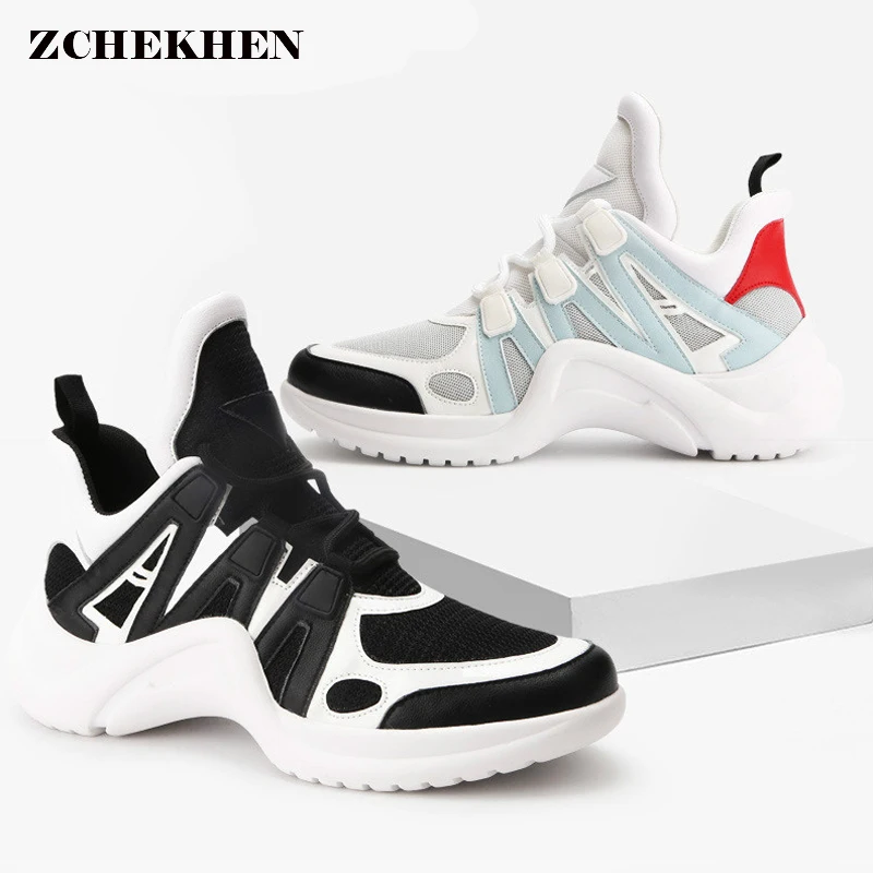 

Fashion chunky Sneakers Runway Mixed Colors V Design Sole shoes Round Toe Leisure Shoes mesh Patchwork Dad Shoes
