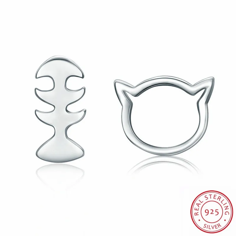 

Lovely Cat with Fish Bone Stud Earrings 100% 925 Sterling Silver Earrings For Women Creative Design Lady Fashion Jewelry Gifts