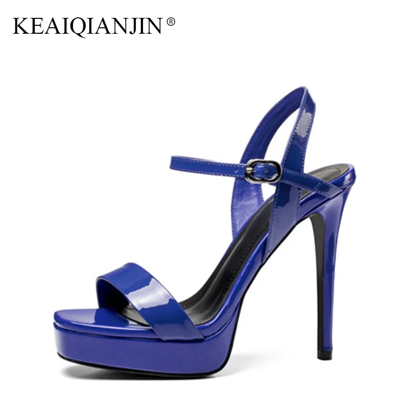 

KEAIQIANJIN Woman Genuine Leather Sandal Fashion Black Blue Party High Heeled Shoes Sexy Genuine Leather Peep Toe Sandal 2018