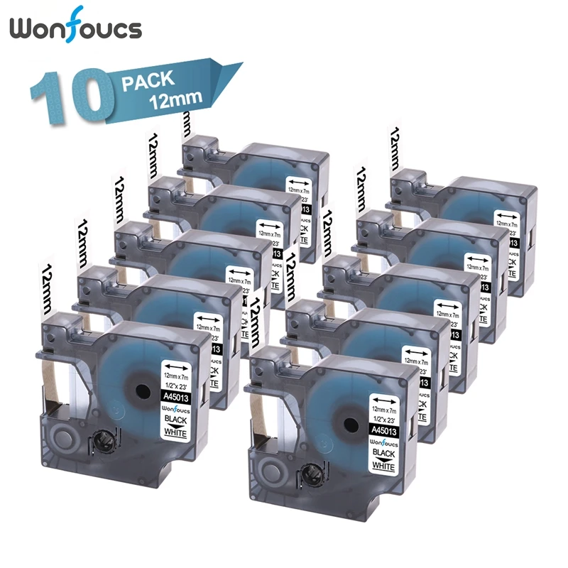 

Wonfoucs 10pcs D1 Label Tapes D45013 12mm x 7m Compatible DYMO D1 45013 Printer Ribbons Black on White Label Maker