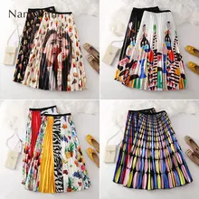 Женская юбка летняя новая дизайнерская плиссированная Расклешенная юбка с принтом и высокой талией Женская одежда школьные юбки для девочек
