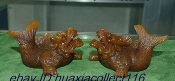 

4"China Dynasty Palace Shoushan Stone Fengshui Good Luck Dragon Fish Statue Pair