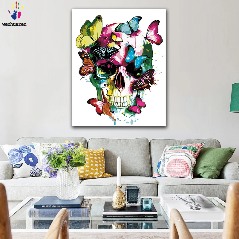 

DIY Coloring paint by numbers Colored flower butterfly skull figure paintings by numbers with kits 40x50 framed