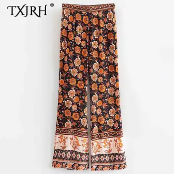 

TXJRH 2019 Vintage Ethnic Black Floral Pattern Tribal African Flare Pants High Waist Trousers Fashion Holiday Full Length Pants