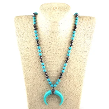 

Free Shipping Fashion Turquois Semi Precious Stone Knotted Hematite Stone Horn Pendant Necklaces Women Ethnic Necklace