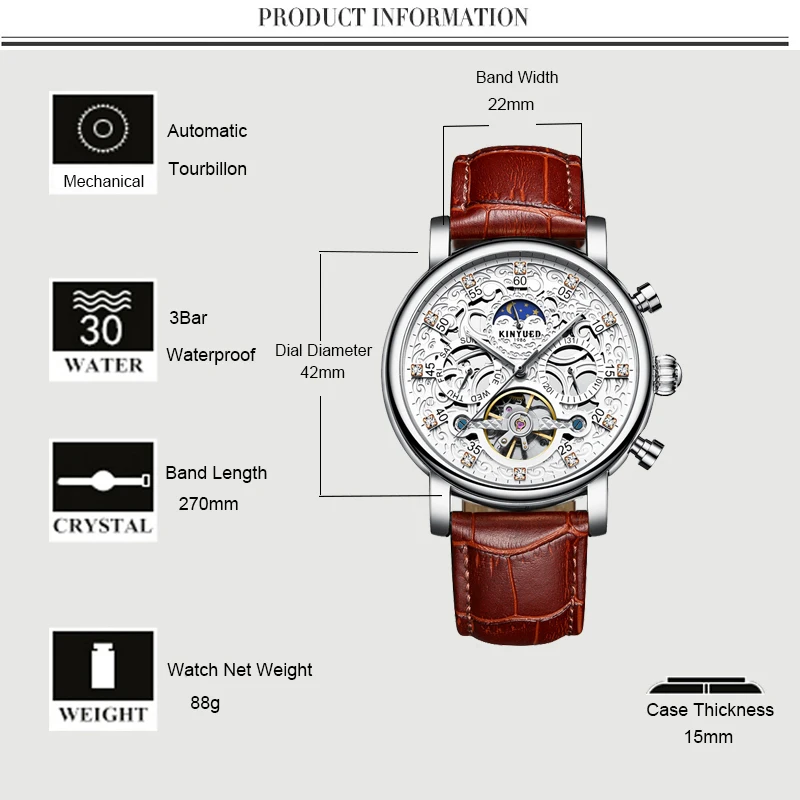 KINYUED Men Mechanical Watch Bussiness Leather Wristwatches Moon Phase Tourbillon Automatic Mens Watches Skeleton Male Clock 