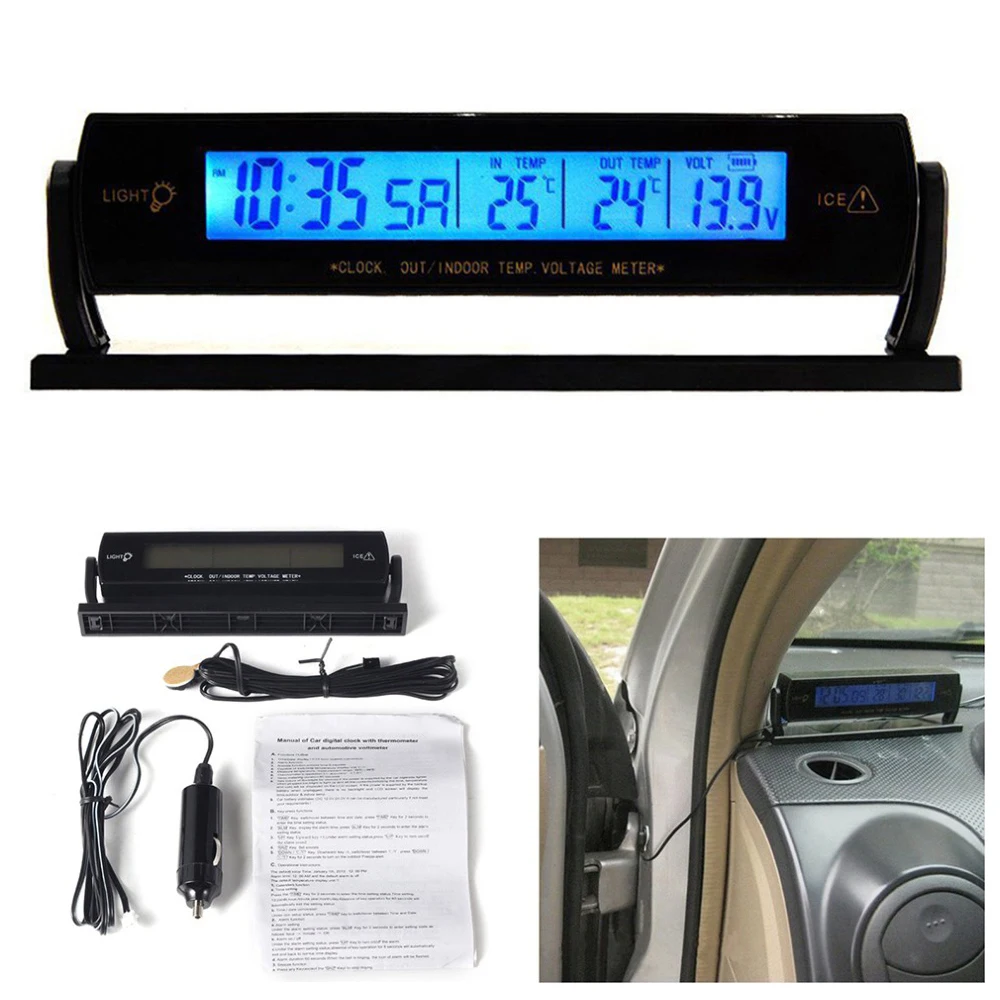 

New 3in1 LCD Digital Auto Car Voltage Temperature Thermometer Meter Monitor Clock Alarm Car accessories