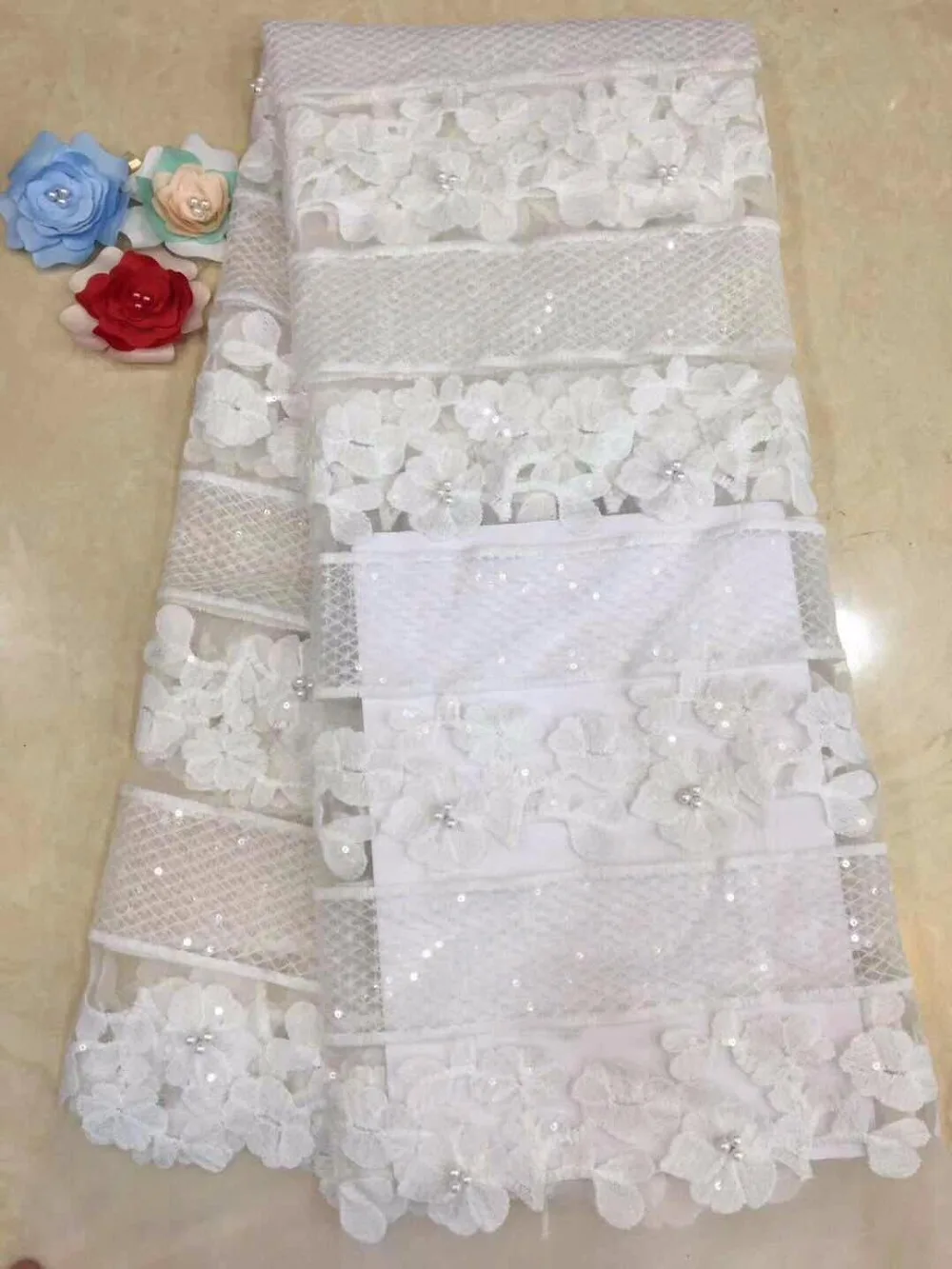 

latest 3d fabric with beads 2019 high quality beaded 3d lace fabric with 3d flower 5yard/lot african lace fabric for wedding