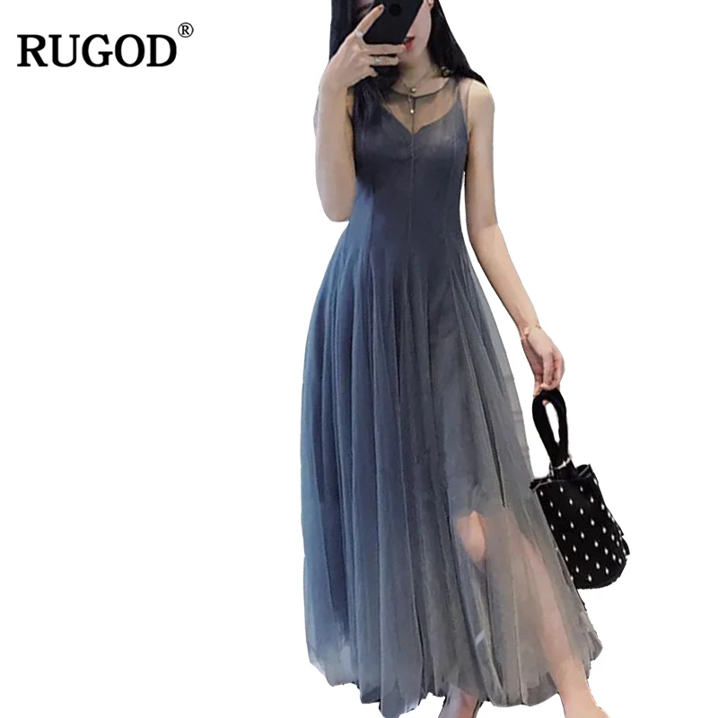 

RUGOD 2019 Sexy Gray Voile Patchwork Long Dress With Satin Lining Women Elegant Summer Boho Beach Dress Party Dresses Vestidos