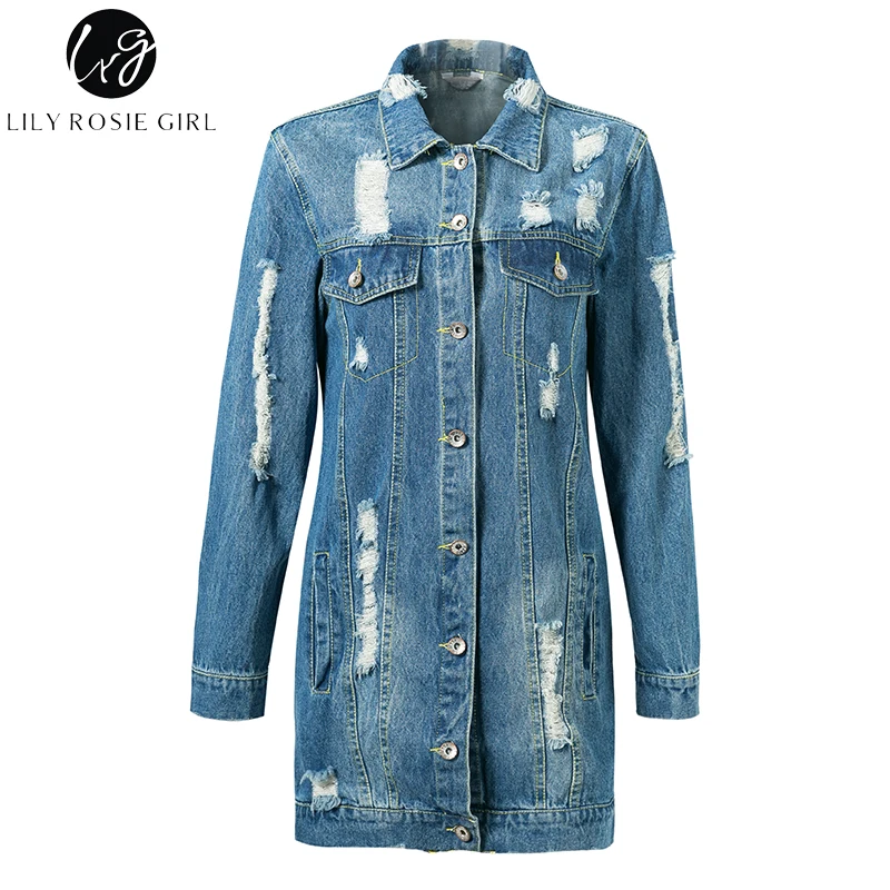 Lily Rosie Girl Blue Ripped Hollow Out Denim Jacket Casual Pocket Long Coat Autumn Winter 2017 Womens Basic Outwear Streetwear