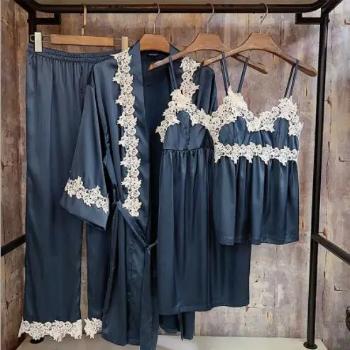 Женская весенне-Летняя шелковая пижама элегантный кружевной халат шорты на бретельках комплект из четырех предметов Домашняя одежда для сна пижамы