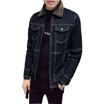 

2018 Men Fashion Denim Jackets Autumn and Winter Black Denim Jacket Thick Wool Coat Male Plus Velvet Denim Jacket Size M-2XL 3XL