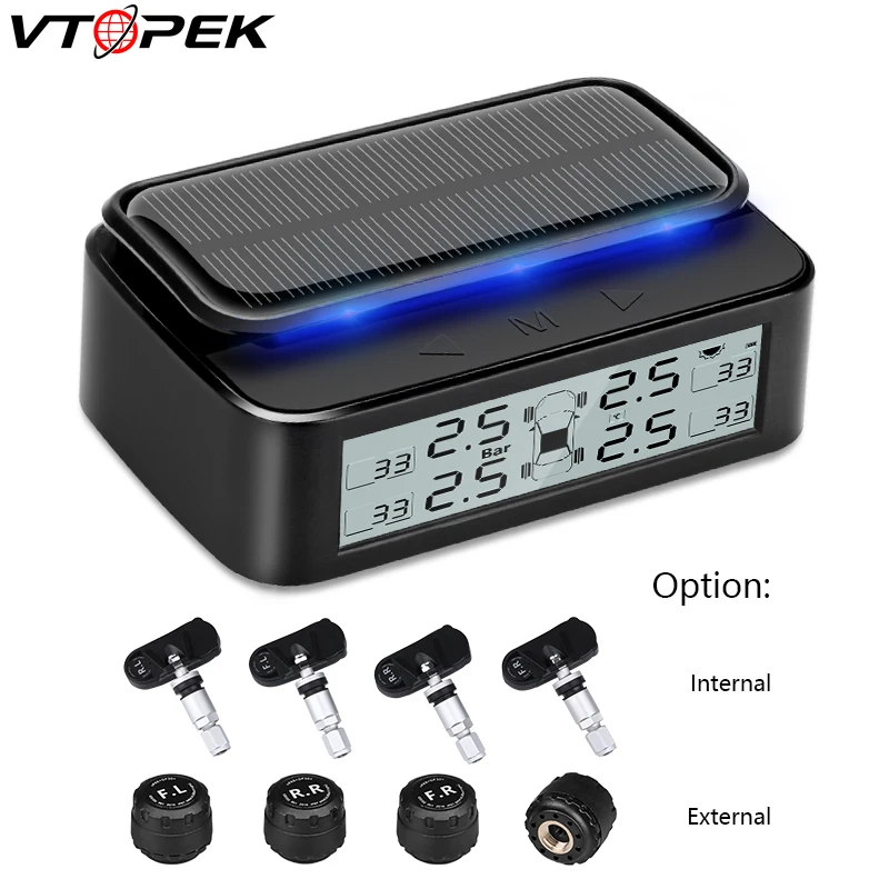 

VTOPEK Solar USB TPMS Car Tire Pressure Monitoring System Ambient Light LCD 4 Sensor for VW Toyota Honda SUV Temperature Warning