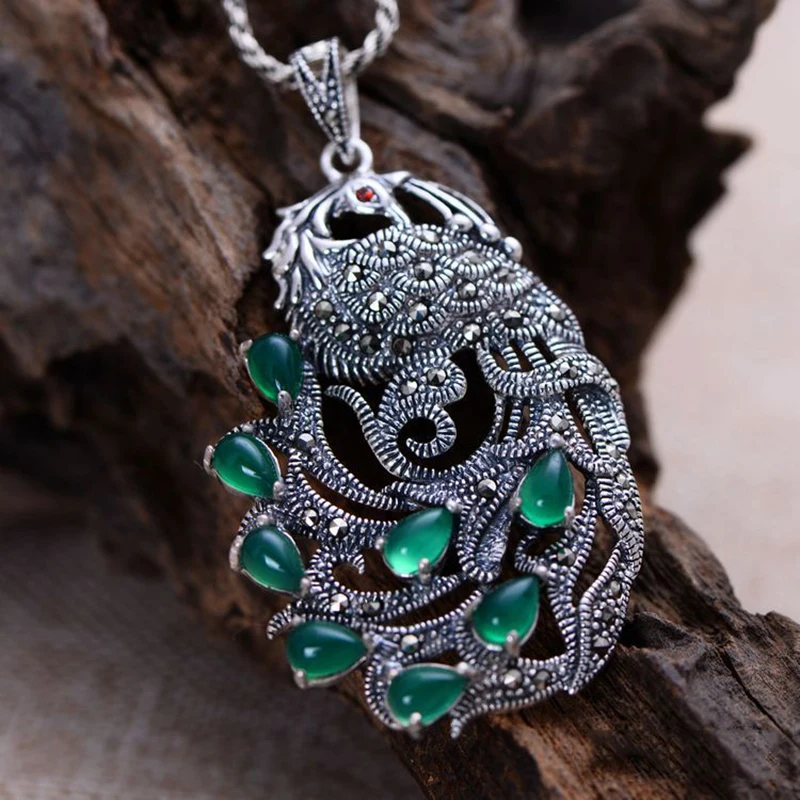 MAYONES Real Pure 925 Sterling Silver Peacock Pendants For Women Inlaid Green Chalcedony Marcasite 5