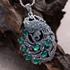 MAYONES Real Pure 925 Sterling Silver Peacock Pendants For Women Inlaid Green Chalcedony Marcasite 5