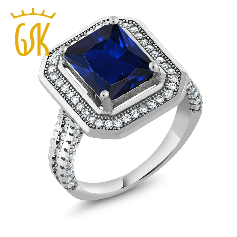 GemStoneKing 4 32 Ct потрясающее Изумрудное кольцо синий имитация сапфира Halo коктейльное