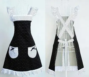 Princess Frill Lace Black White Polka Dot Kitchen Cooking Aprons for Women with Pockets Cross Back Drop Shipping 1