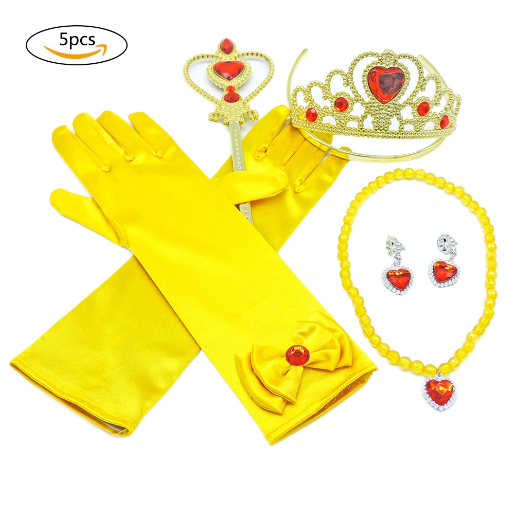 

5pcs/set Yellow Princess Dress Up Accessories Best Gifts For Girl Kids Toys Crown Scepter Necklace Earrings Gloves Include