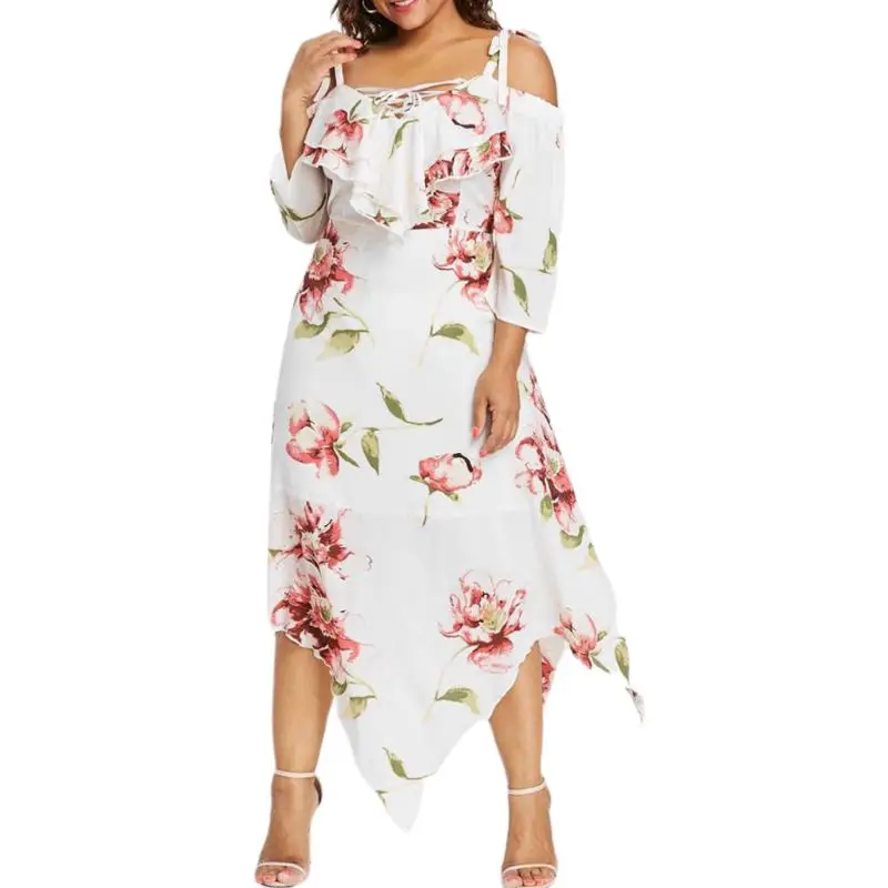 

Women Plus Size Summer Sexy Off Shoulder 3/4 Sleeves Maxi Asymmetric Long Dress Floral Print Lace Up Flowy Beach Sundress XL-5XL