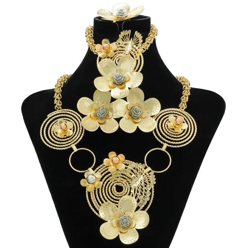 

Fashion Flower Gold Color Jewelry Sets African Beads Jewelry Vintage Women Wedding Butterfly Big Necklace Bracelet Earrings Ring