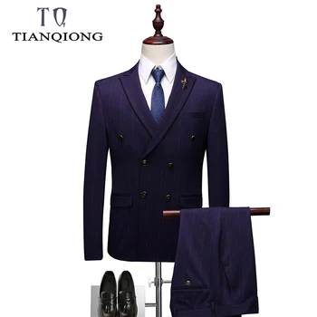 

TIAN QIONG Brand Mens Double Breasted Striped Suit Fashion 3 Piece Men Suits for Wedding Elegant Man Business Suits Formal