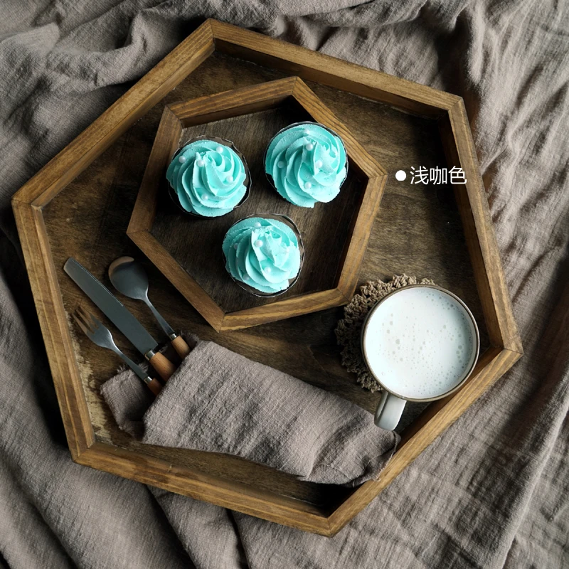 

Wood Hexagonal Food Tray Forestry Wedding Decoration Cake Cupcake Stand Dessert Plates Home Birthday Party Cake Display Tools