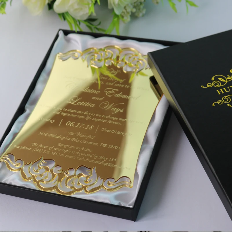 

Sample Personalized Engraved Gold Acrylic Wedding Invitation Cards For Party invitations with foiled boxes