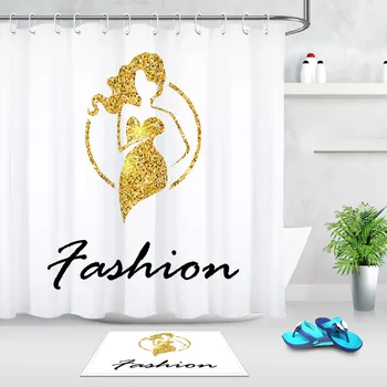 

LB Gold Woman Black Fashion Letter White Extra Long Shower Curtain with Mat Set Bathroom Waterproof Fabric For Art Bathtub Decor