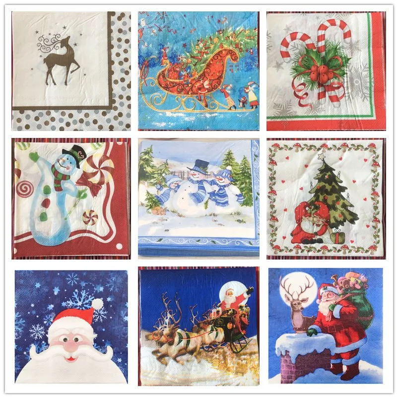 Рождественские бумажные салфетки декупаж Свадьба День Рождения Вечеринка синяя ткань Дерево Санта Клаус Олень Снежный человек эльф Декор Элегантные салфетки