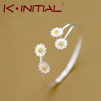 Kinitial 1Pcs 925 Sterling Silver Daisy Flower Bangles Open Cuff Bangles & Bracelets Women Wrist Charm Accessories Jewelry