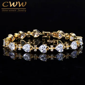 

CWWZircons New Noble Heart Shape CZ Stones Light Yellow Gold Color Women Bracelets Wedding Bridal Party Jewelry CB100