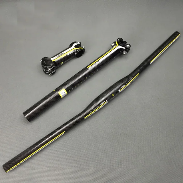 

super light TOSEEK full carbon MTB bicycle flat handlebar + light stem +seatpost mountain bike handlebar set 500g yellow 3K