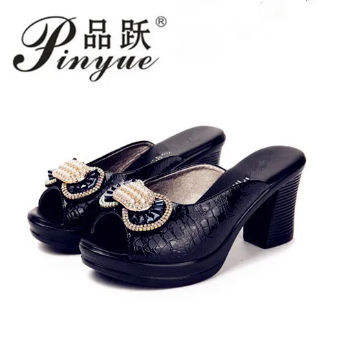

2018 new women sandals Women slippers genuine leather rhinestone thick high-heeled color block decoration open toe women sandals
