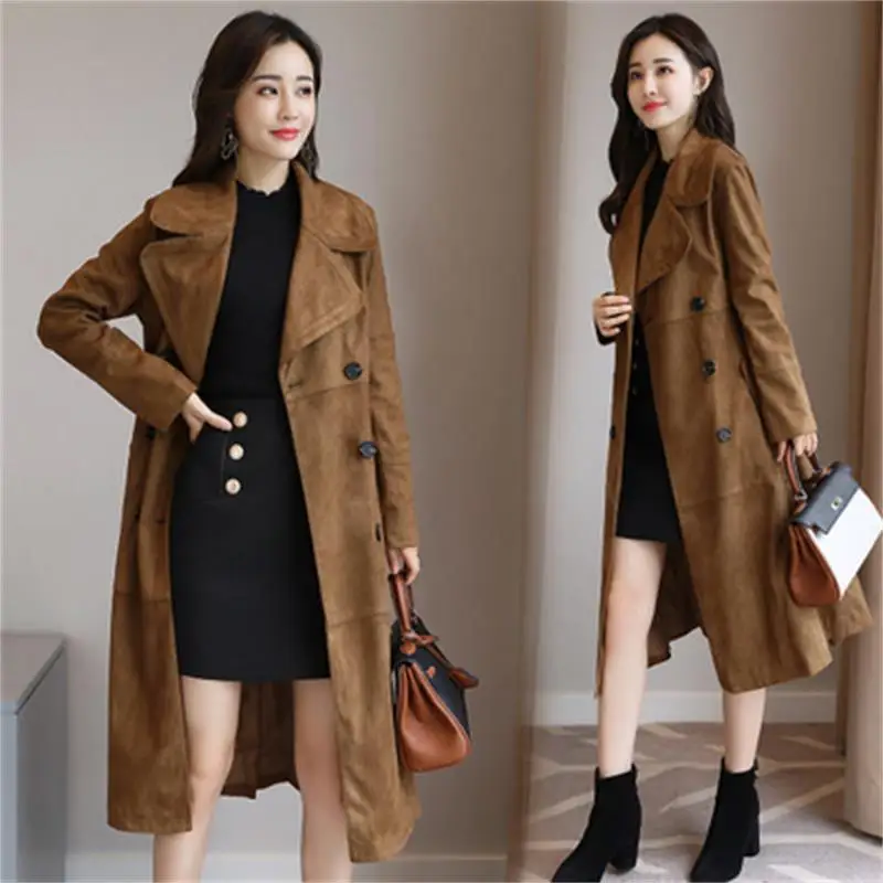 

2018 Spring and Autumn cultivating long-sleeved long section of commuter solid color sweet elegant fashionable suede coat