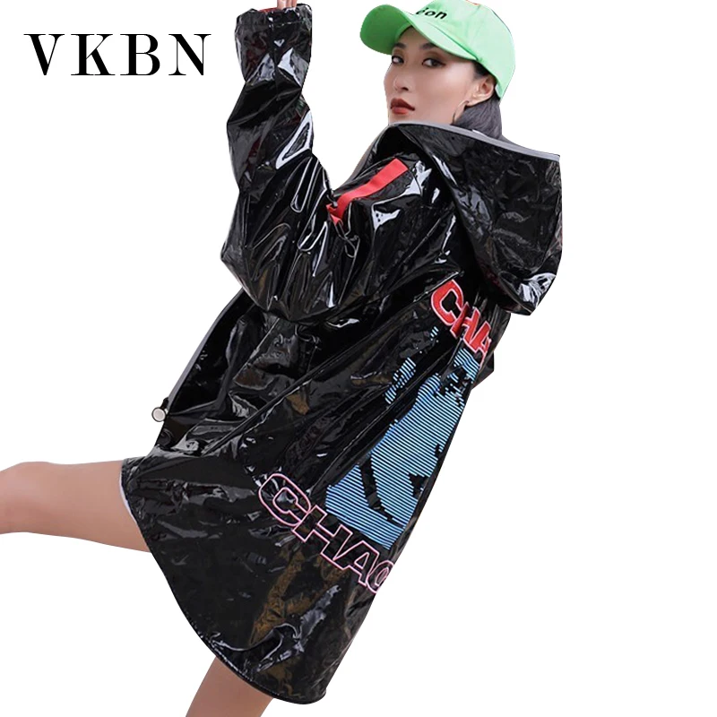 VKBN 2018 Autumn Clothing leather jacket New Tide Brand Behind Printing Light Black Hat Leisure Cardigan Loose Coat Woman Coats